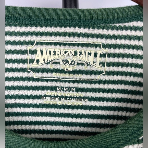 American Eagle Green White Striped Waffle Knit Raglen Long Sleeve Shirt - Picture 3 of 6